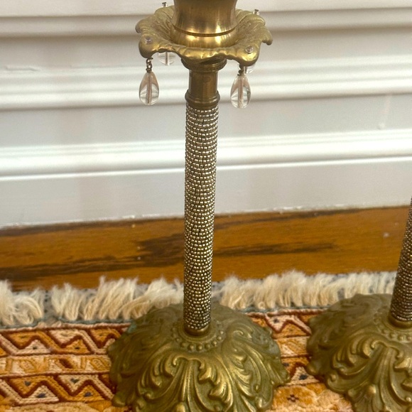 3 brass candle holders with crystal beading and crystal dangles - Picture 6 of 12